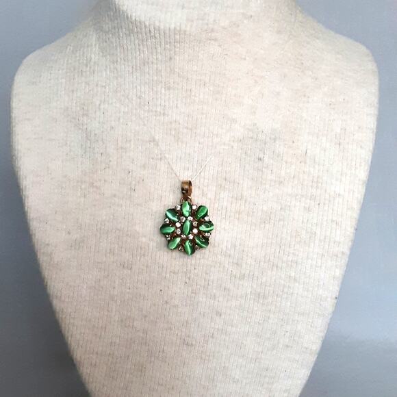 Little Pendant Green Tiger's Eye Oval Stones With Tiny Clear Rhinestone Accents - Picture 1 of 6